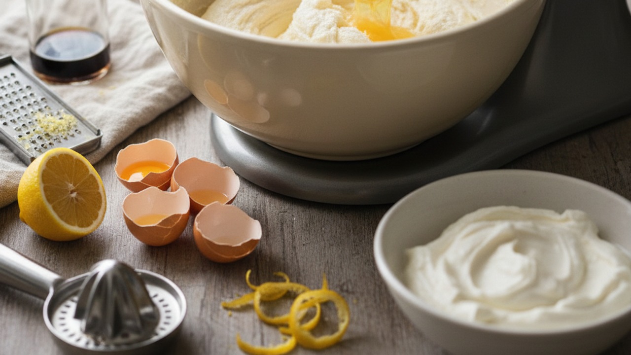 Cream butter and sugar, add eggs and labneh