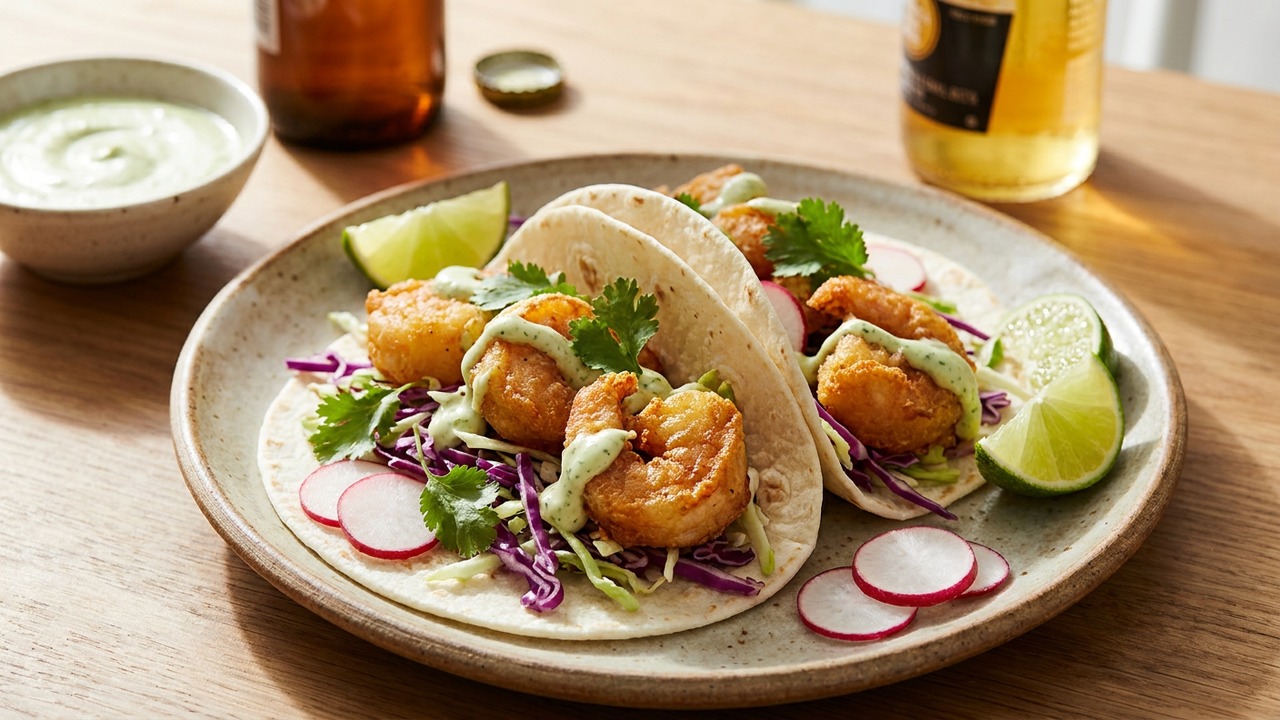 Crispy Beer-Battered Baja Shrimp Tacos with Cabbage Slaw and Chile-Lime Crema (Air Fryer Option)