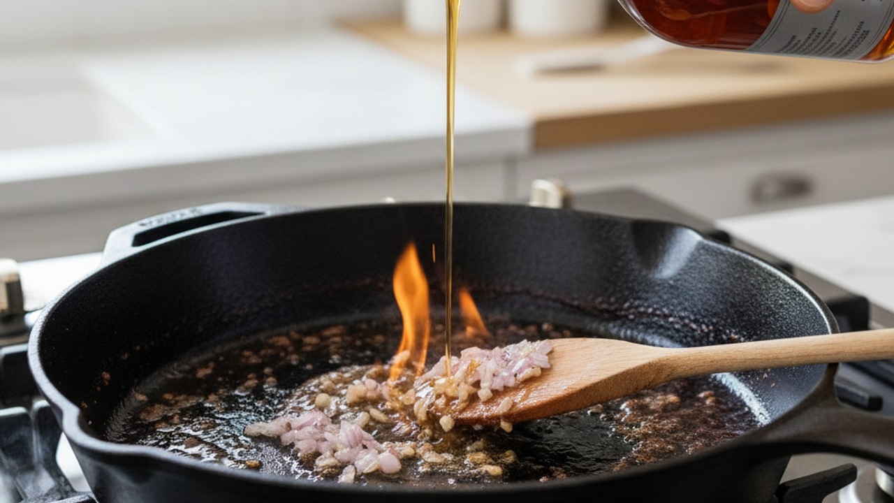 Deglaze the pan with cognac and shallot