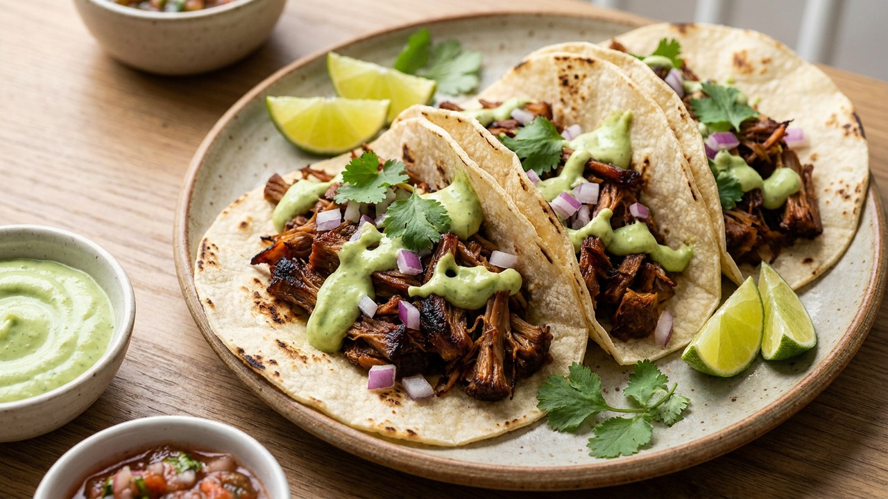 Plant-Based Jackfruit Carnitas Tacos with Avocado Crema (Stovetop)