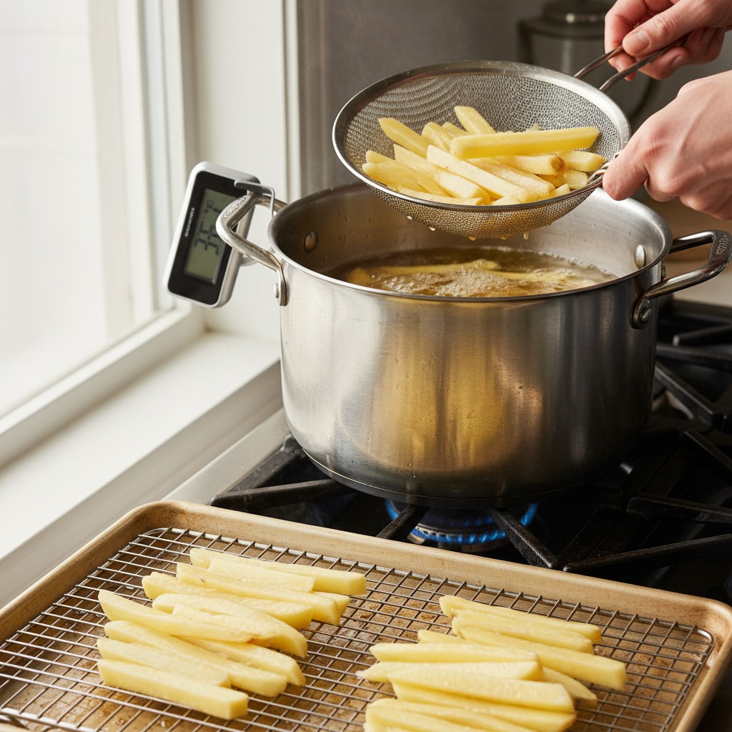 First fry (blanch) at lower temperature