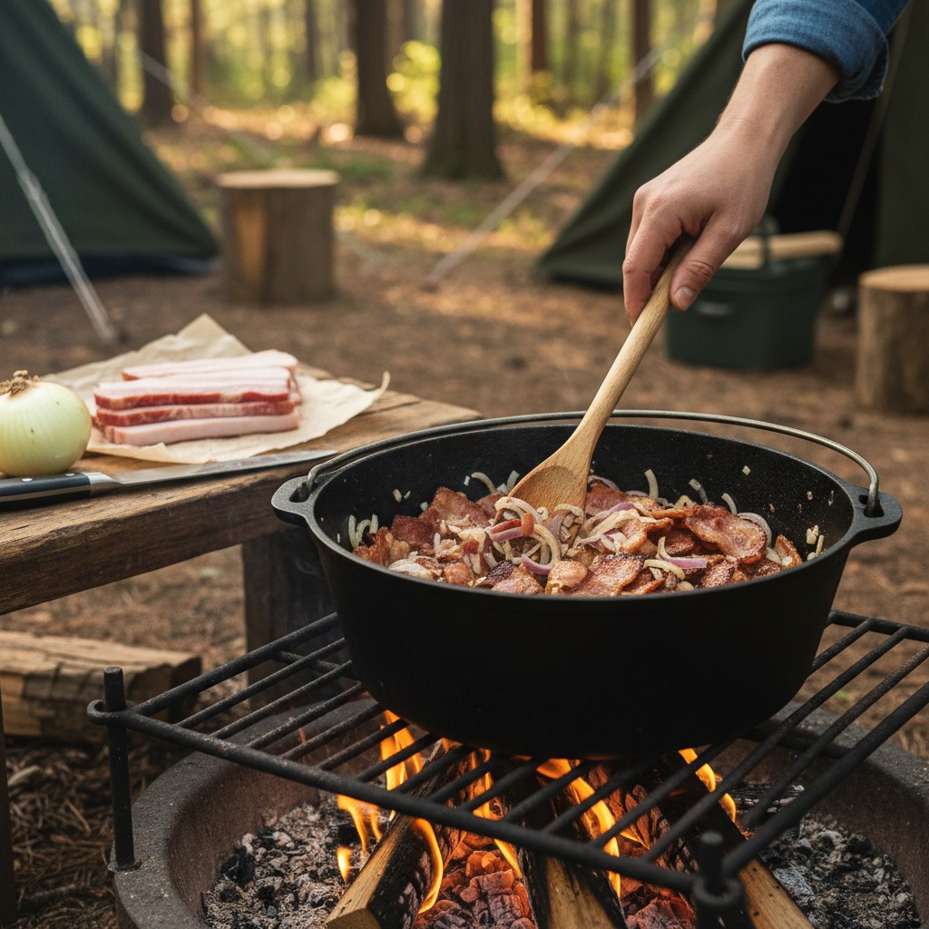 Render the bacon and soften the onion