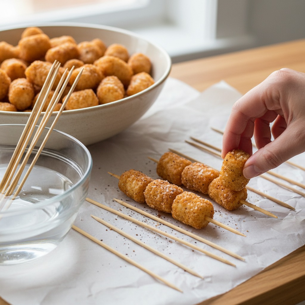 Prep skewers, season, and thread tots