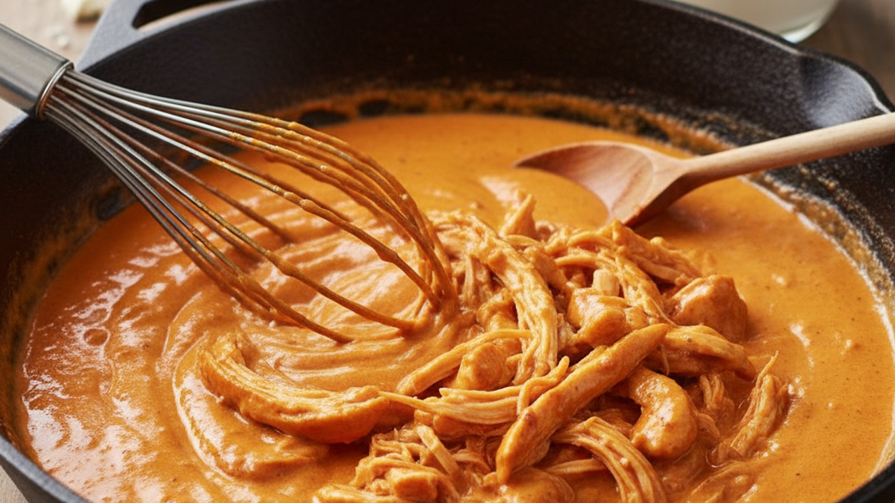Make the buffalo cream sauce with chicken