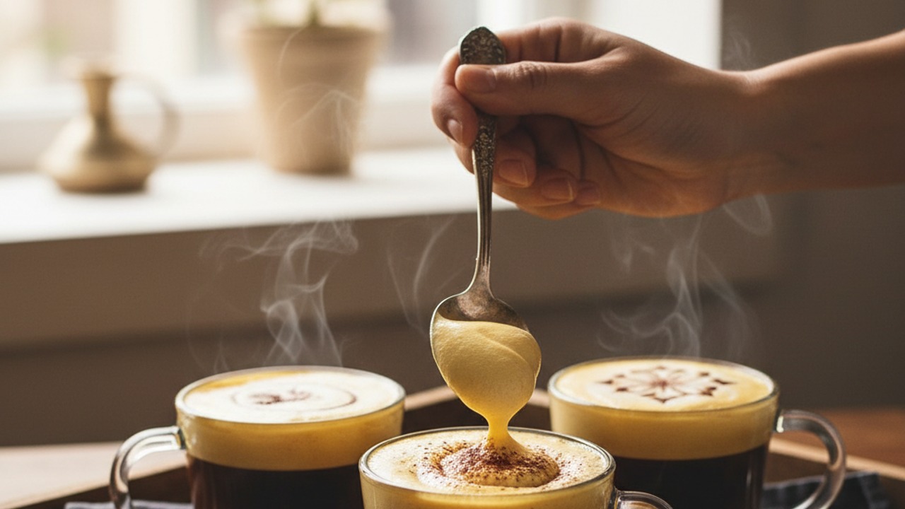 Top with egg cream, garnish, and serve