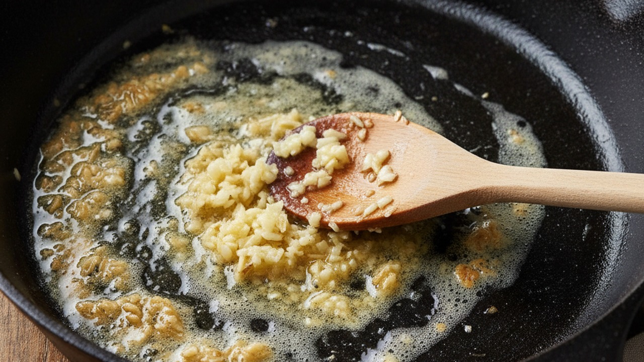 Sauté garlic in butter and oil