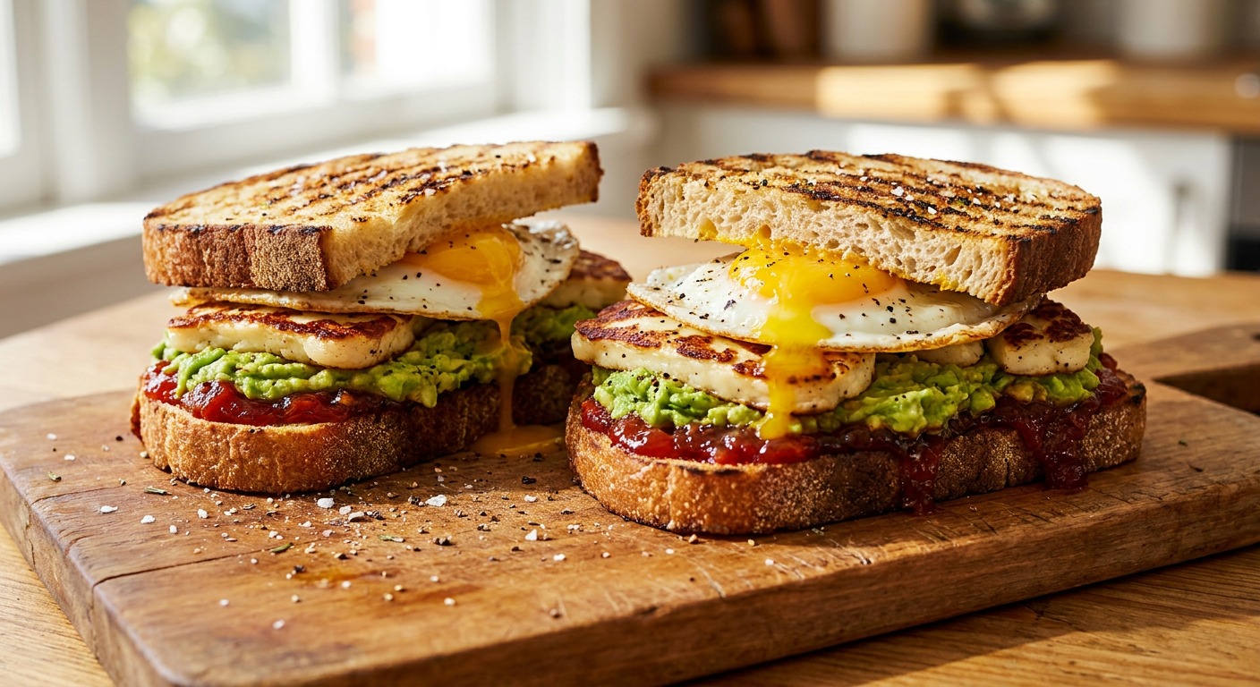 Grilled Avocado & Halloumi Breakfast Sandwich with Charred Tomato Jam