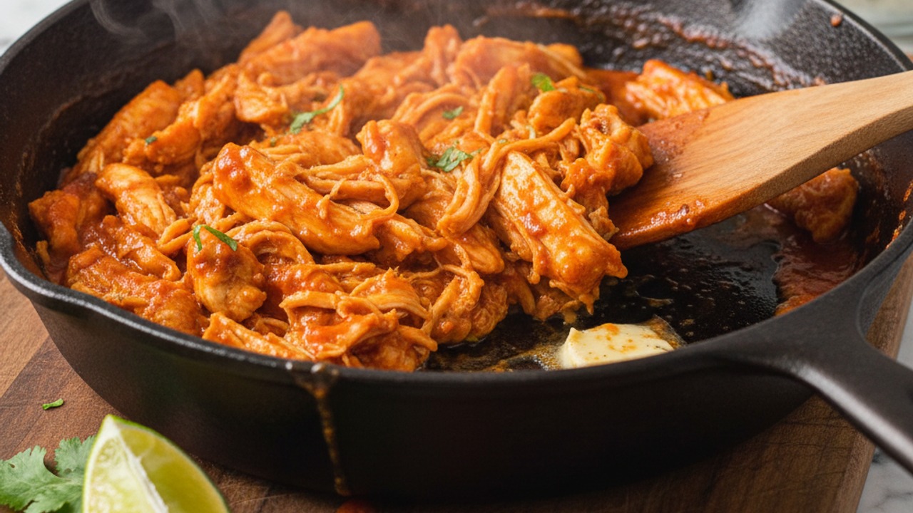 Heat and sauce the shredded chicken