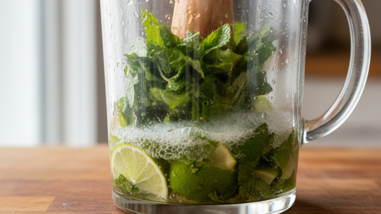 Muddle mint, lime juice and syrup