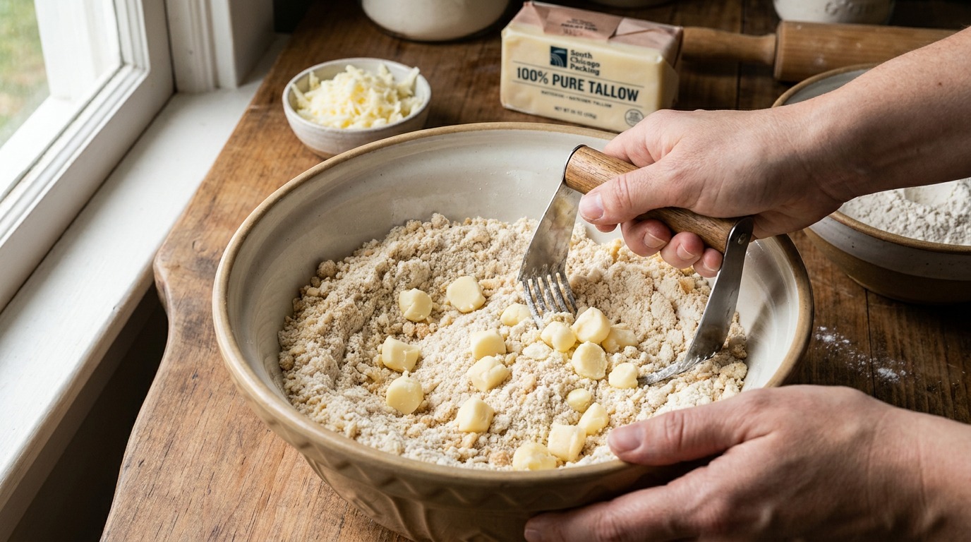 Cut cold tallow into the dry mix