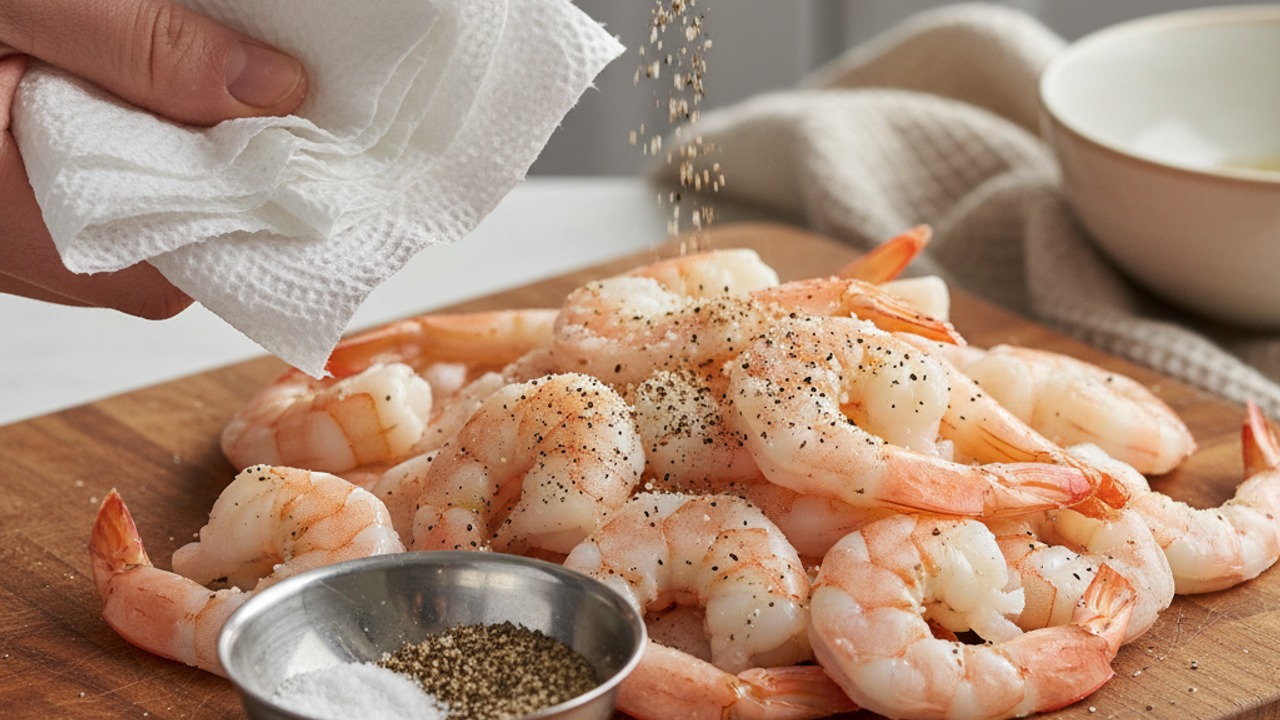 Season and pat-dry shrimp