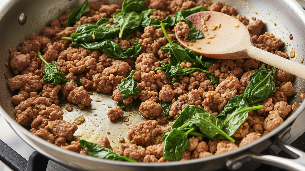 Sauté turkey, garlic and spinach