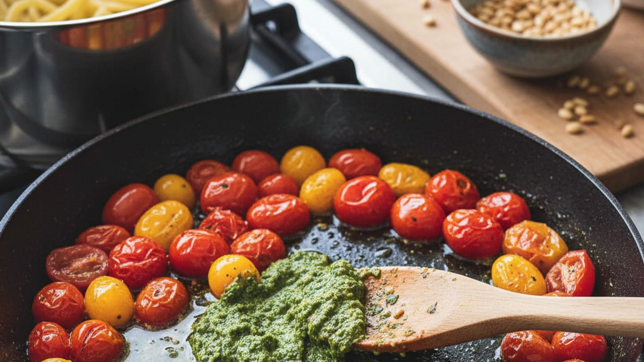 Blister tomatoes and combine with pesto