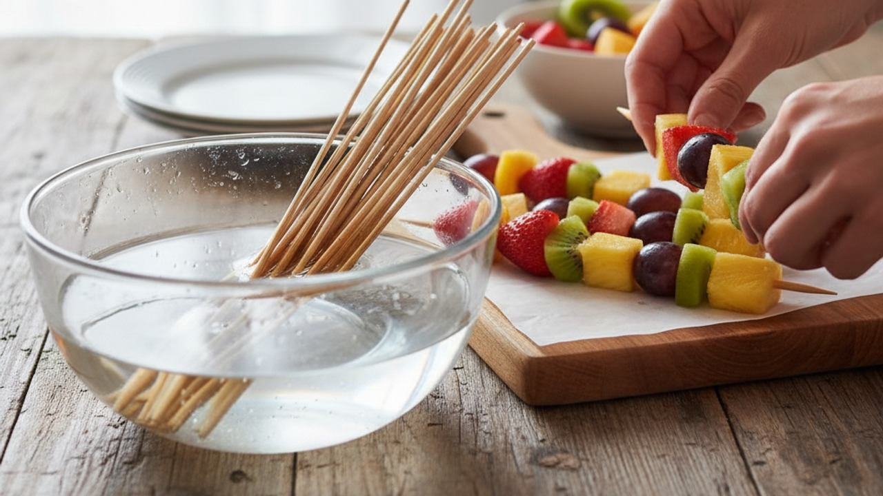 Soak skewers and assemble kebobs