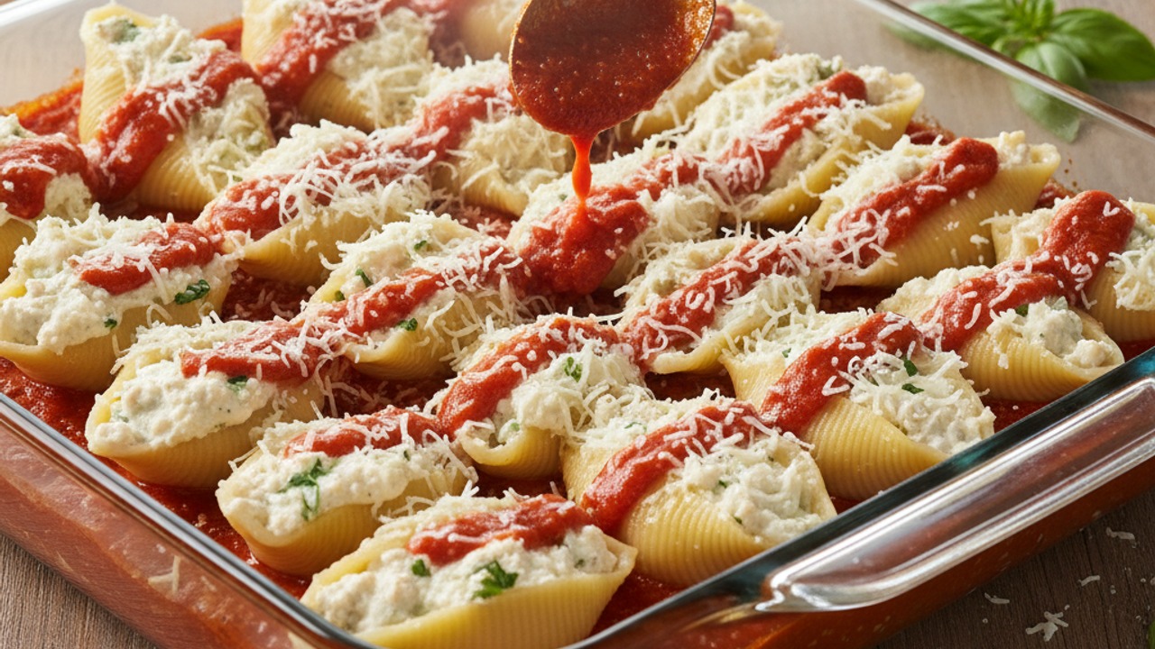 Stuff shells and assemble in baking dish