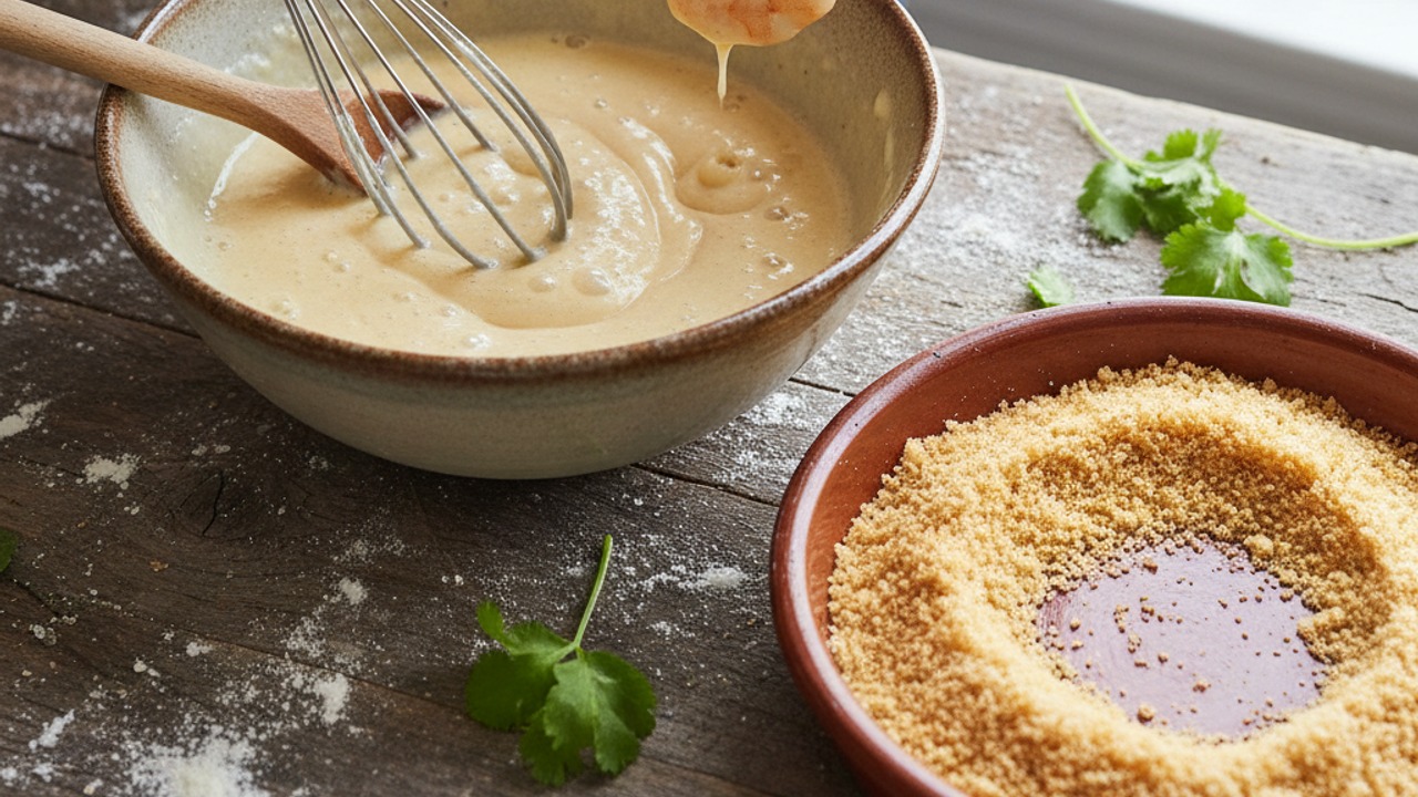 Make the beer batter and set up the panko dredge