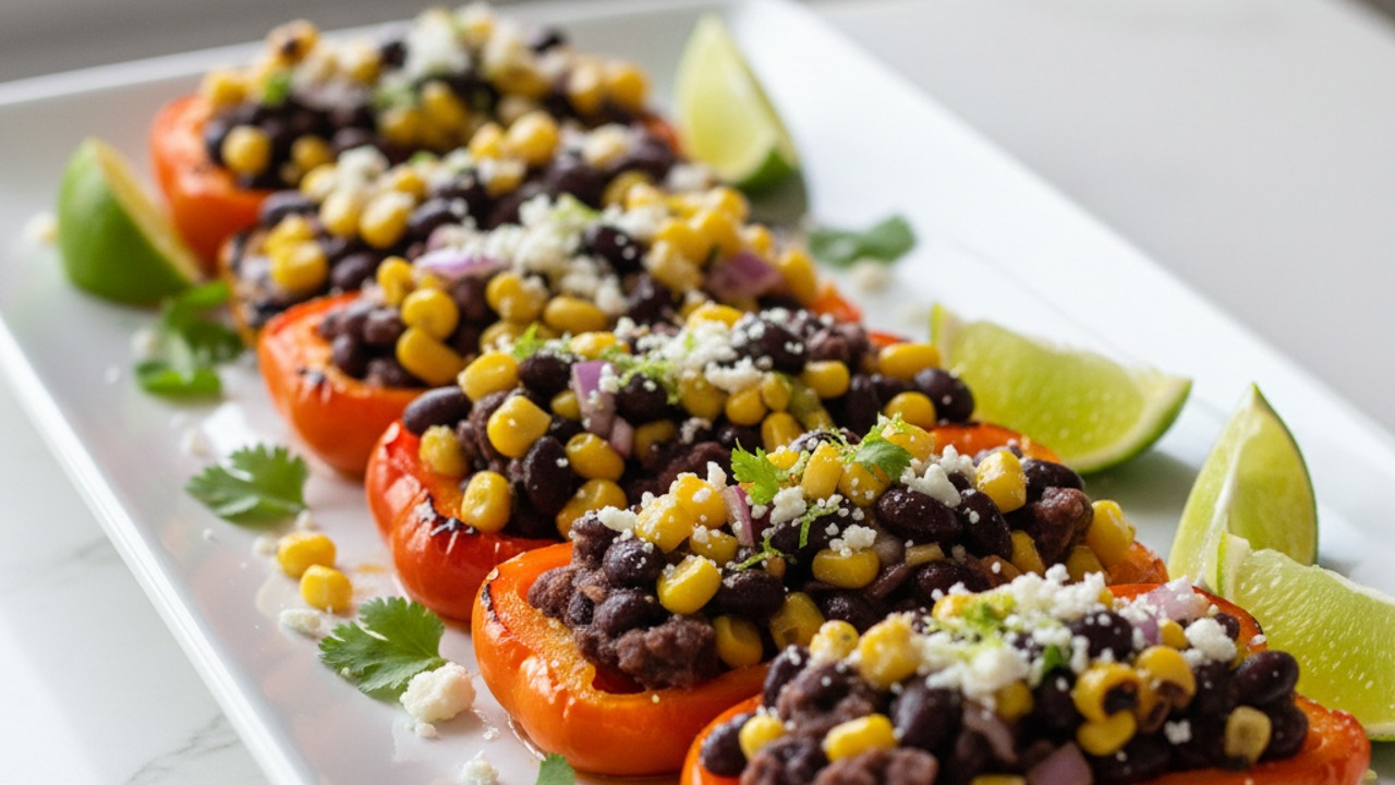 Grilled Mini Pepper Boats with Smoky Black Bean & Corn Relish and Queso Fresco