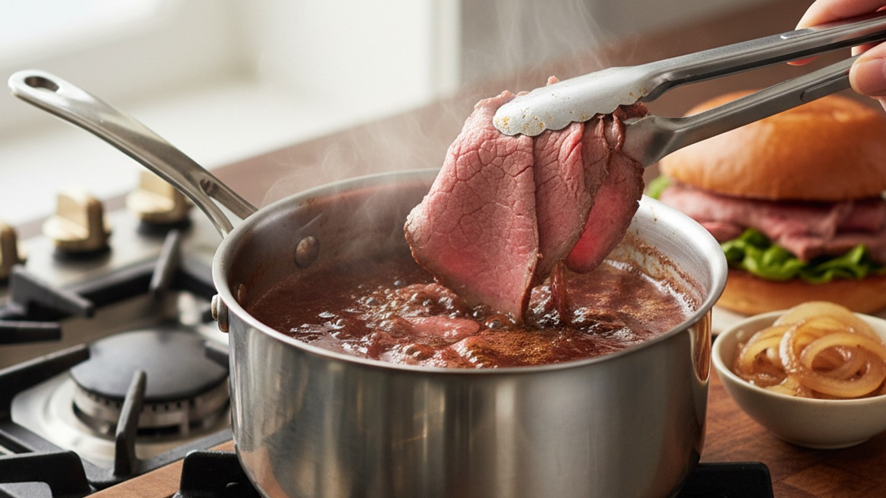 Make the au jus and warm the beef
