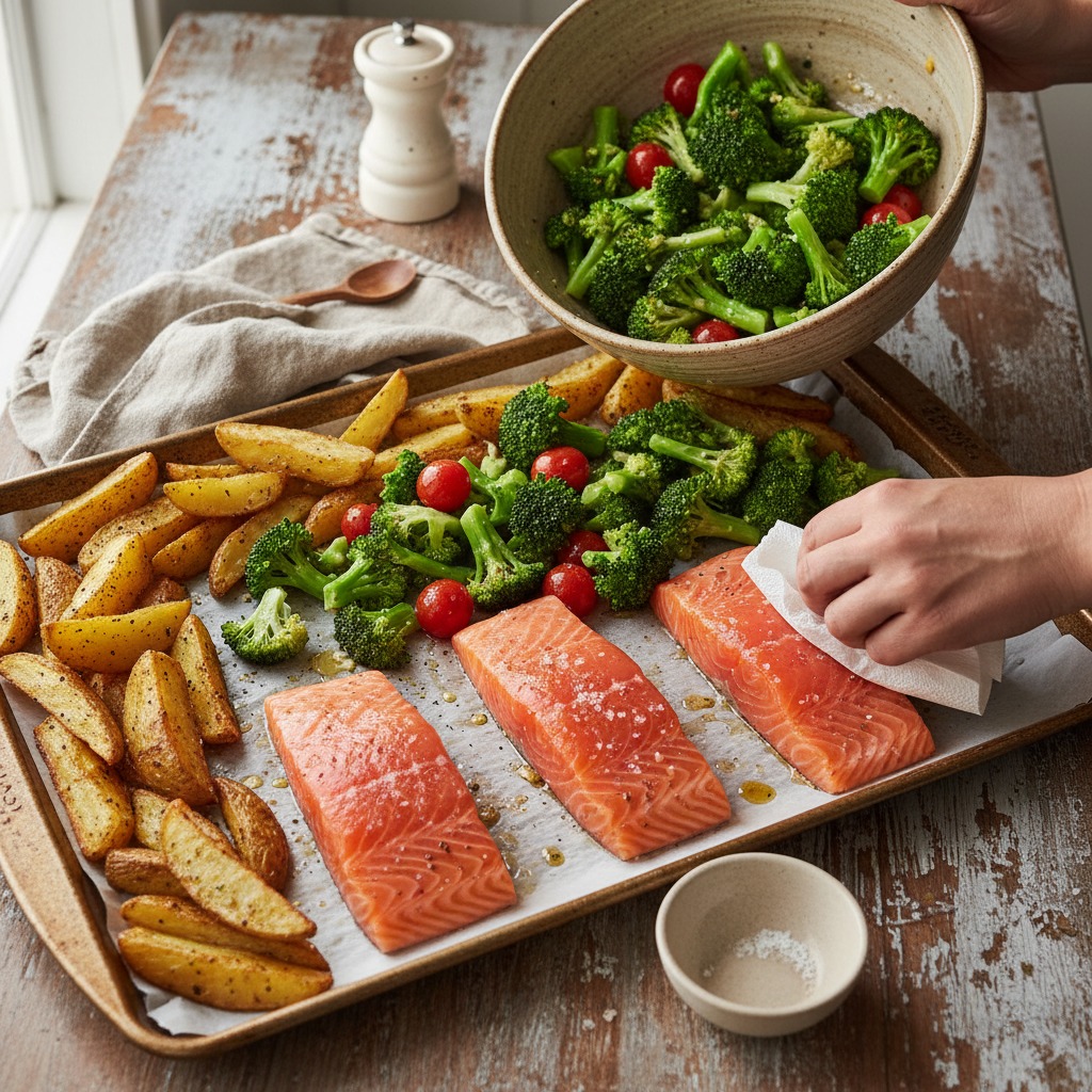 Add vegetables and arrange salmon