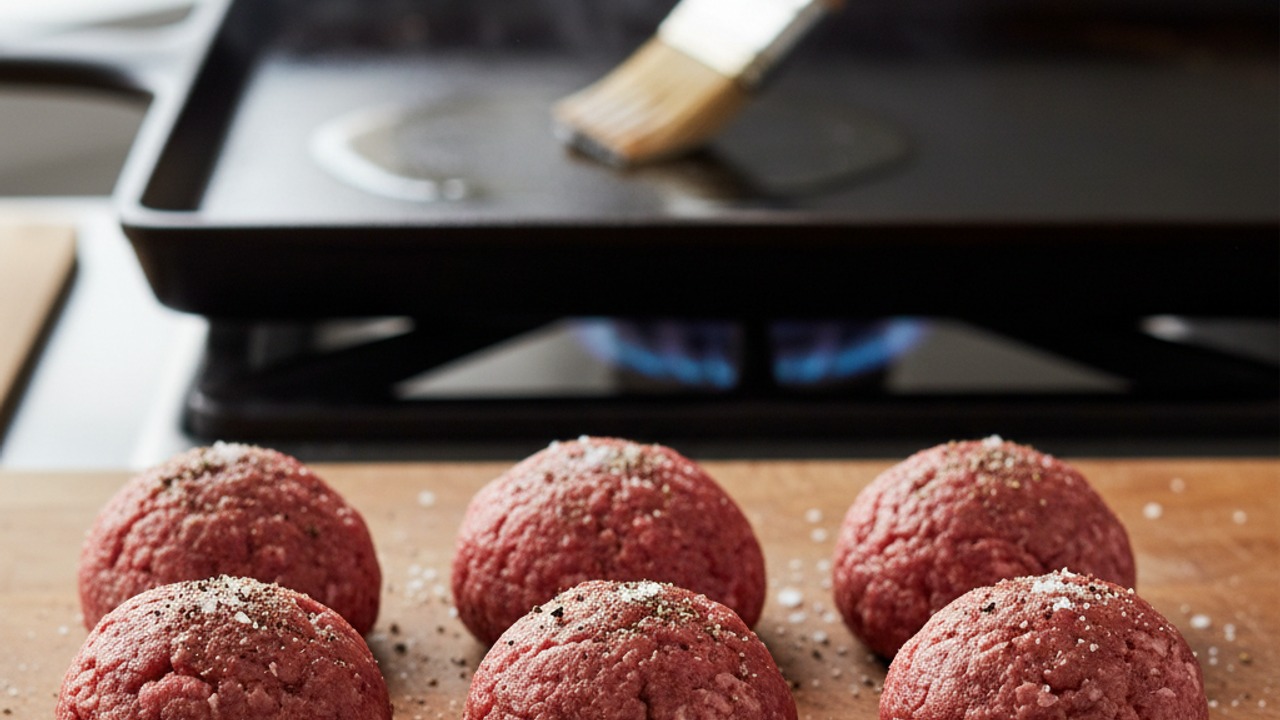 Portion and season the beef and heat griddle