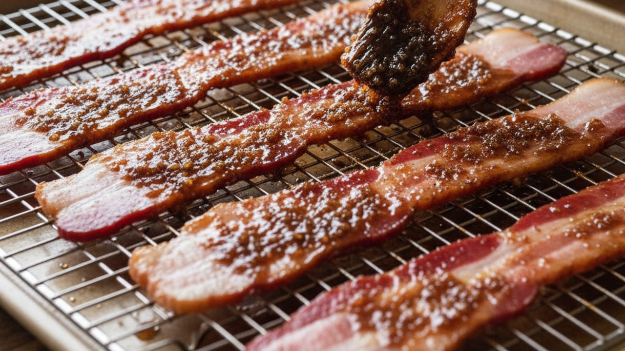 Arrange bacon and apply glaze