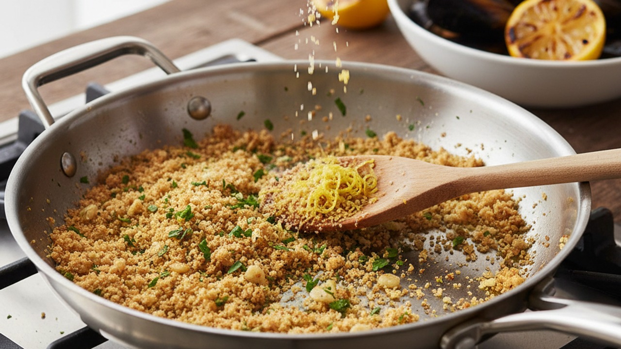 Make the crunchy herb breadcrumbs