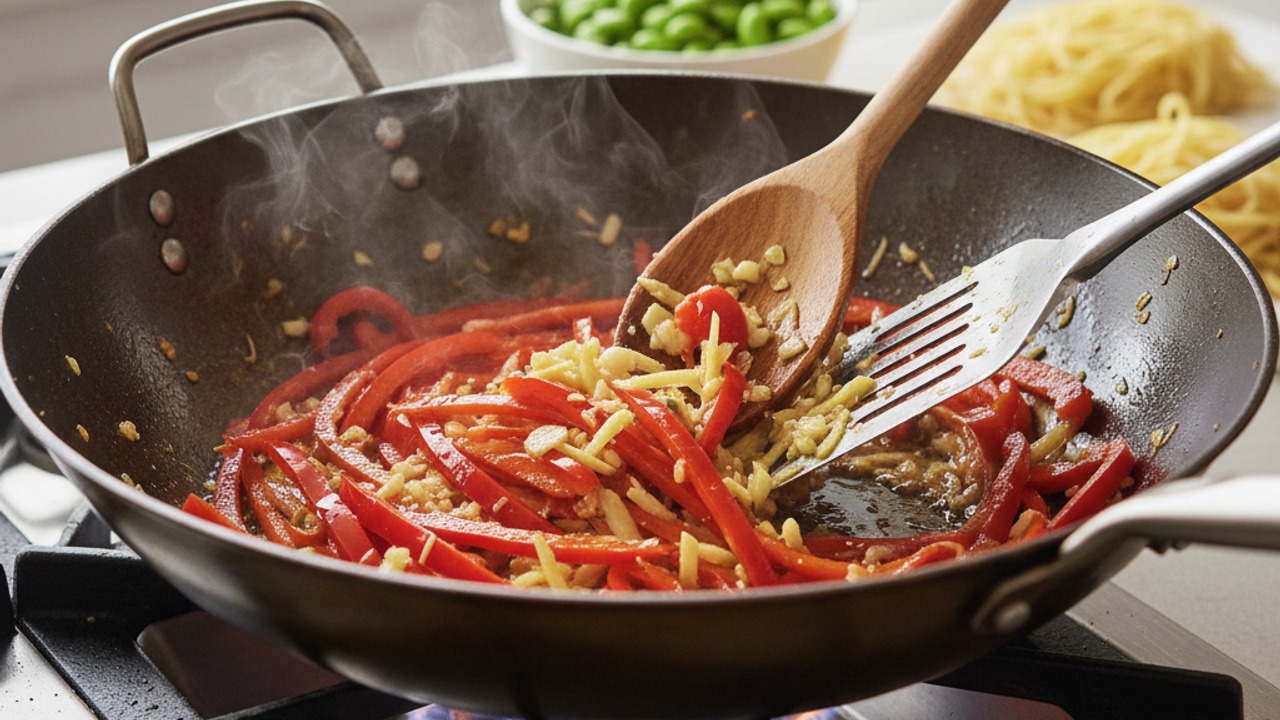 Stir-fry aromatics and vegetables