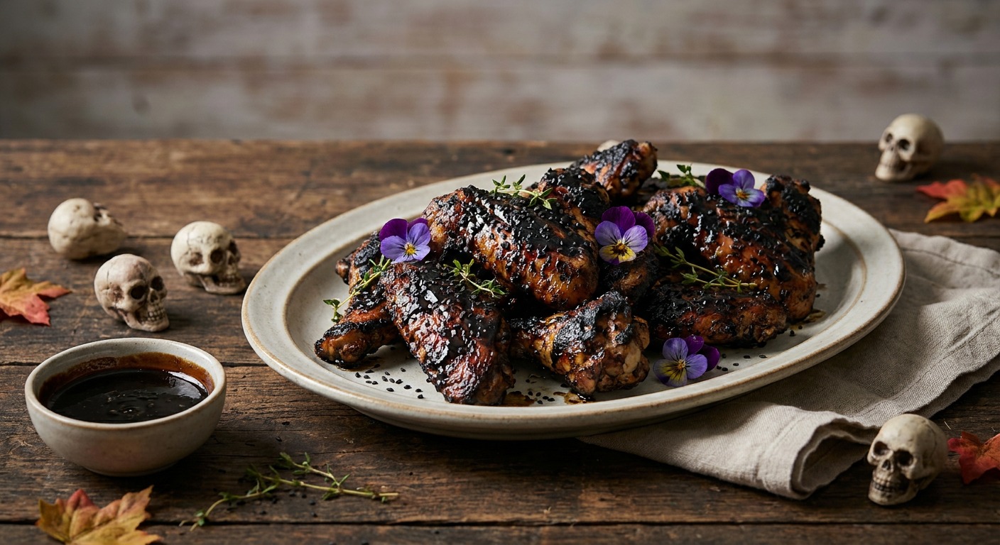 Grilled Blackened Wings with Charcoal Glaze (Spooky Party Wings)