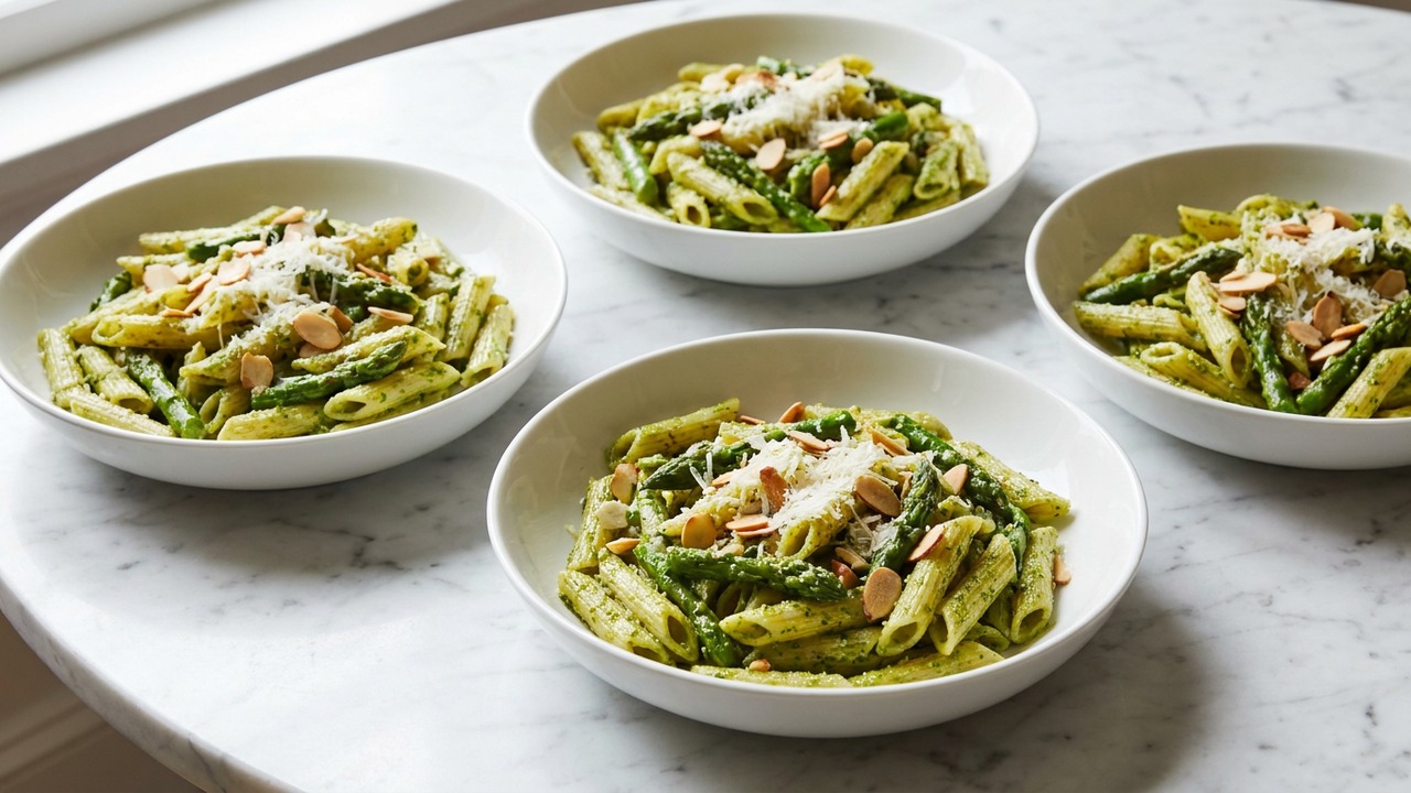 Asparagus Pesto Penne with Basil and Toasted Almonds