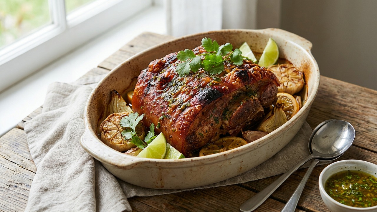 Cuban Pernil Roast Pork Shoulder with Mojo Marinade and Crispy Skin
