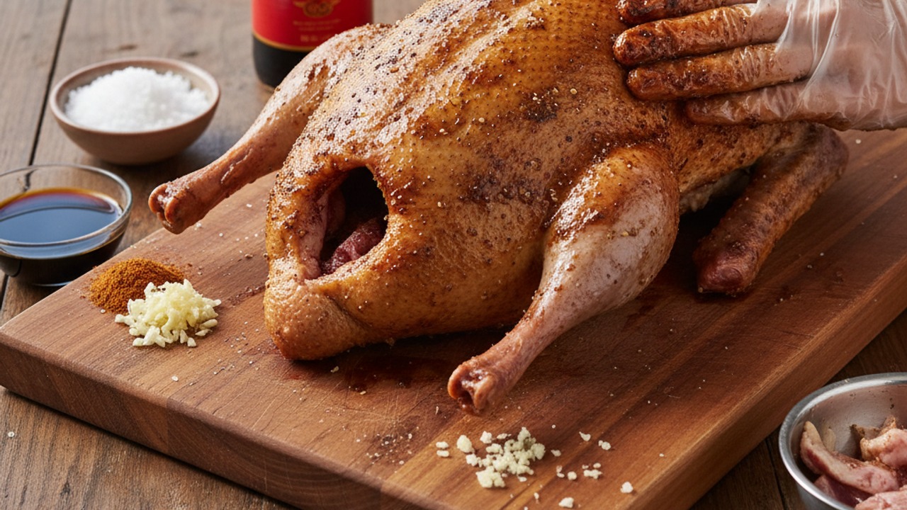 Clean, season and marinate the duck