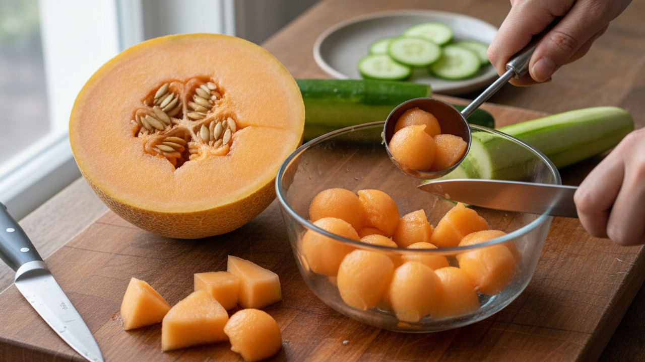 Prep the cantaloupe and cucumber