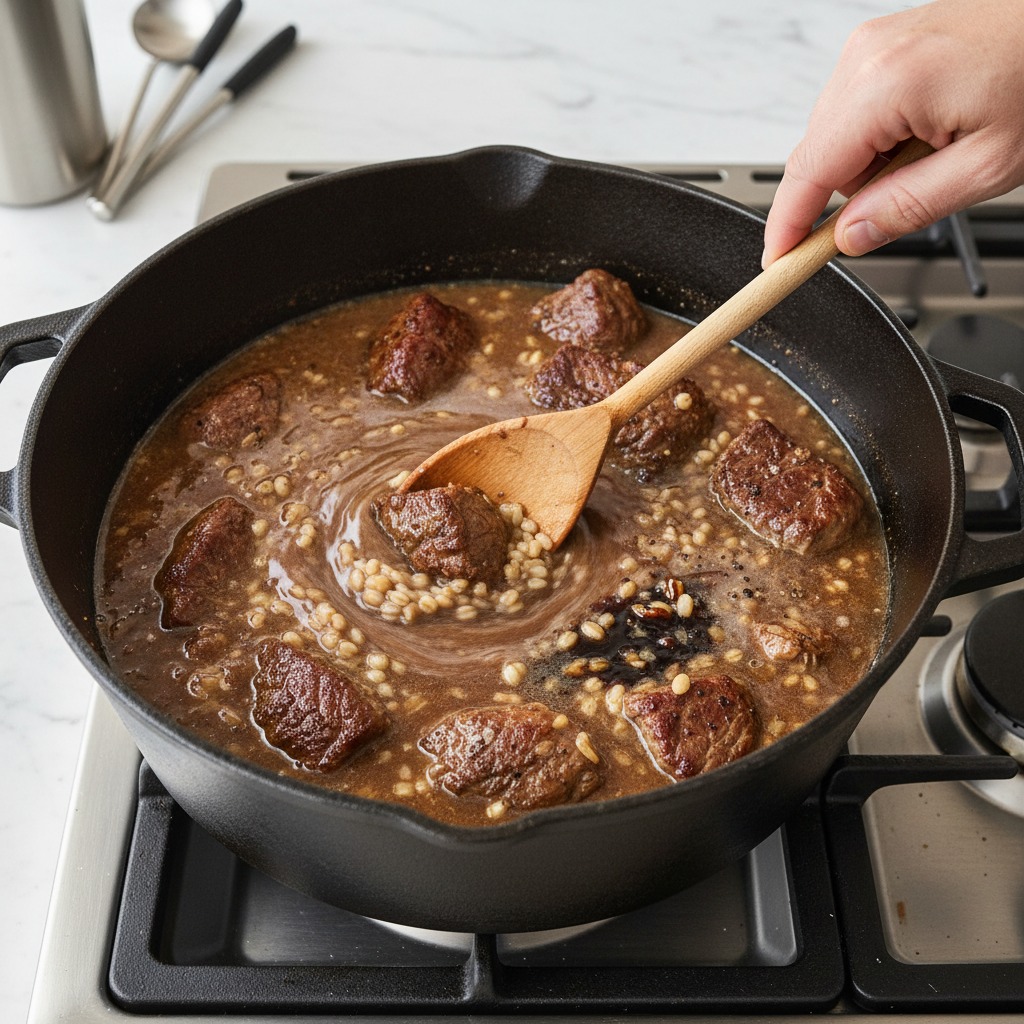 Add barley, broth and seasonings