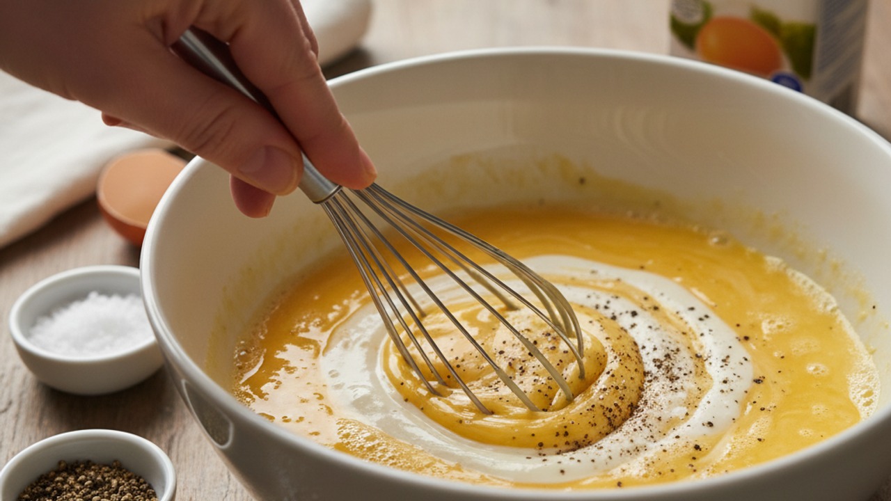 Whisk eggs, cream and seasonings