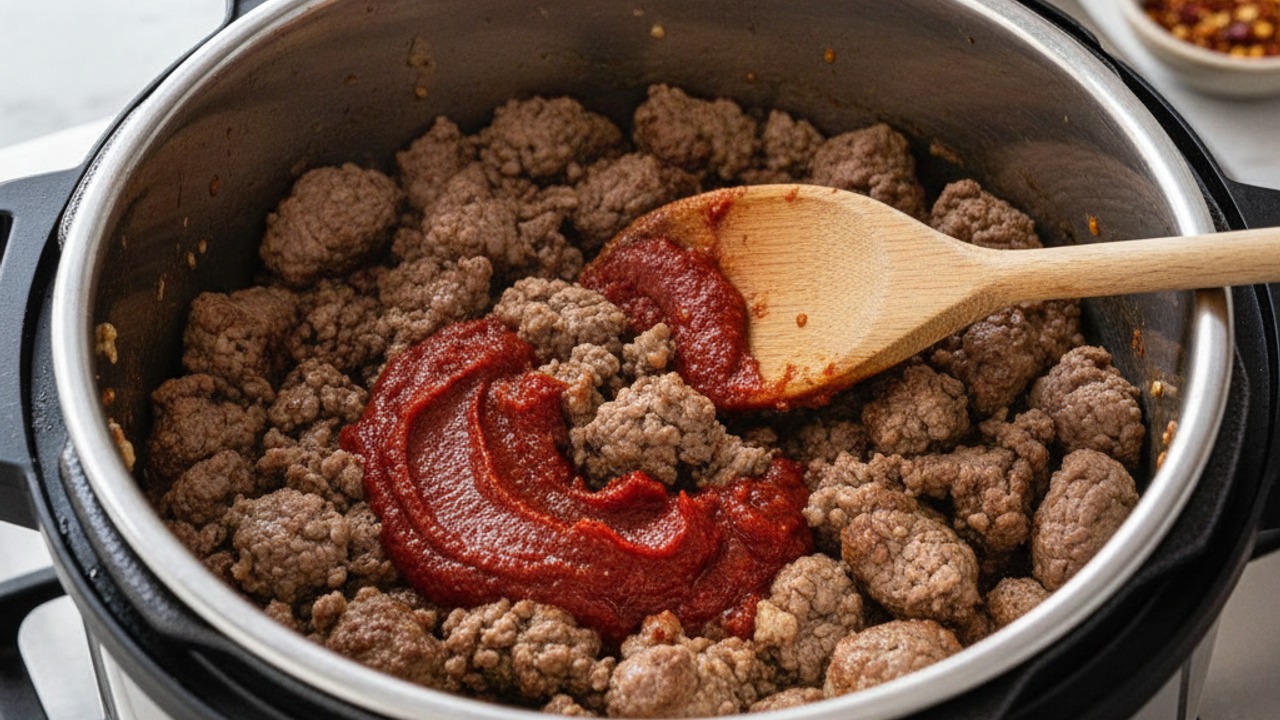 Brown the beef and cook tomato paste