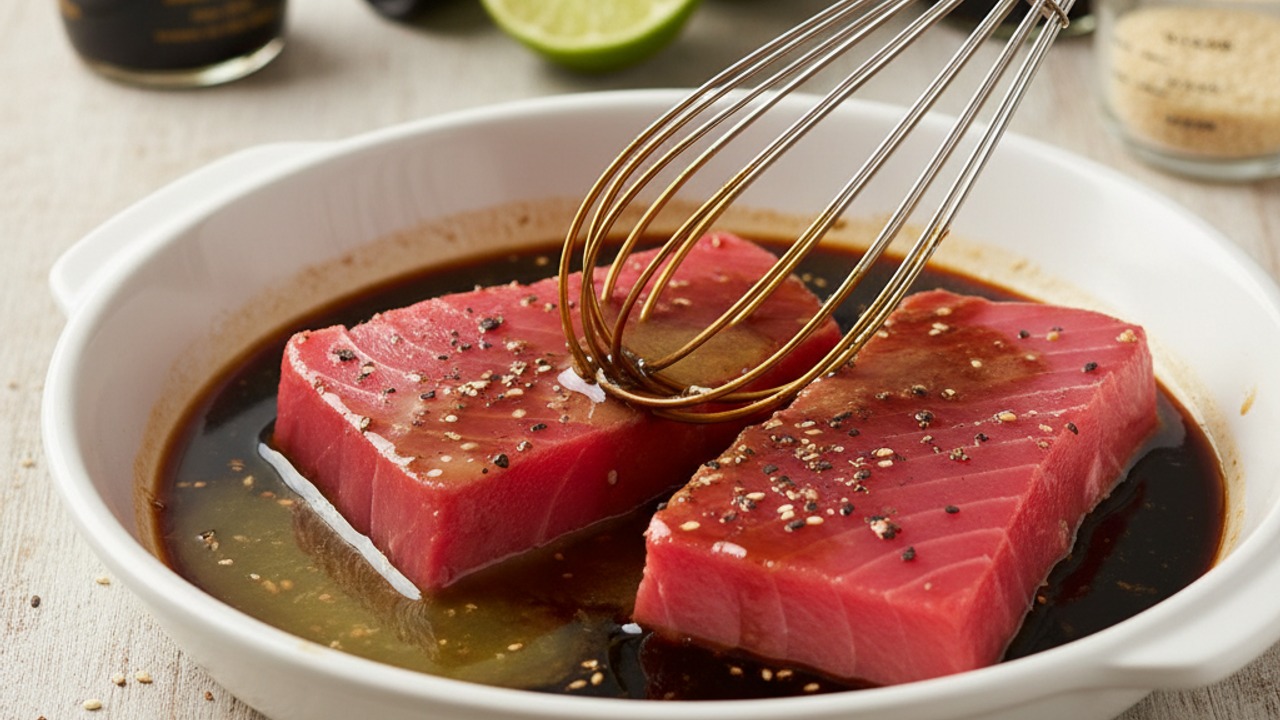 Make the marinade and marinate the tuna