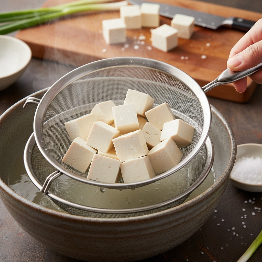 Prepare and blanch the tofu
