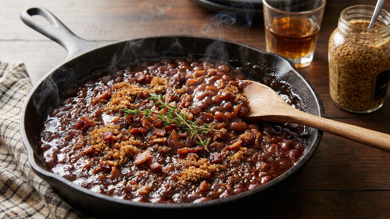 Smoky Bourbon Baked Beans with Brown Sugar and Mustard