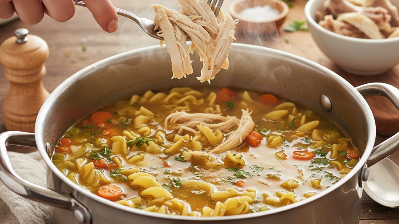 Shred chicken and finish the soup