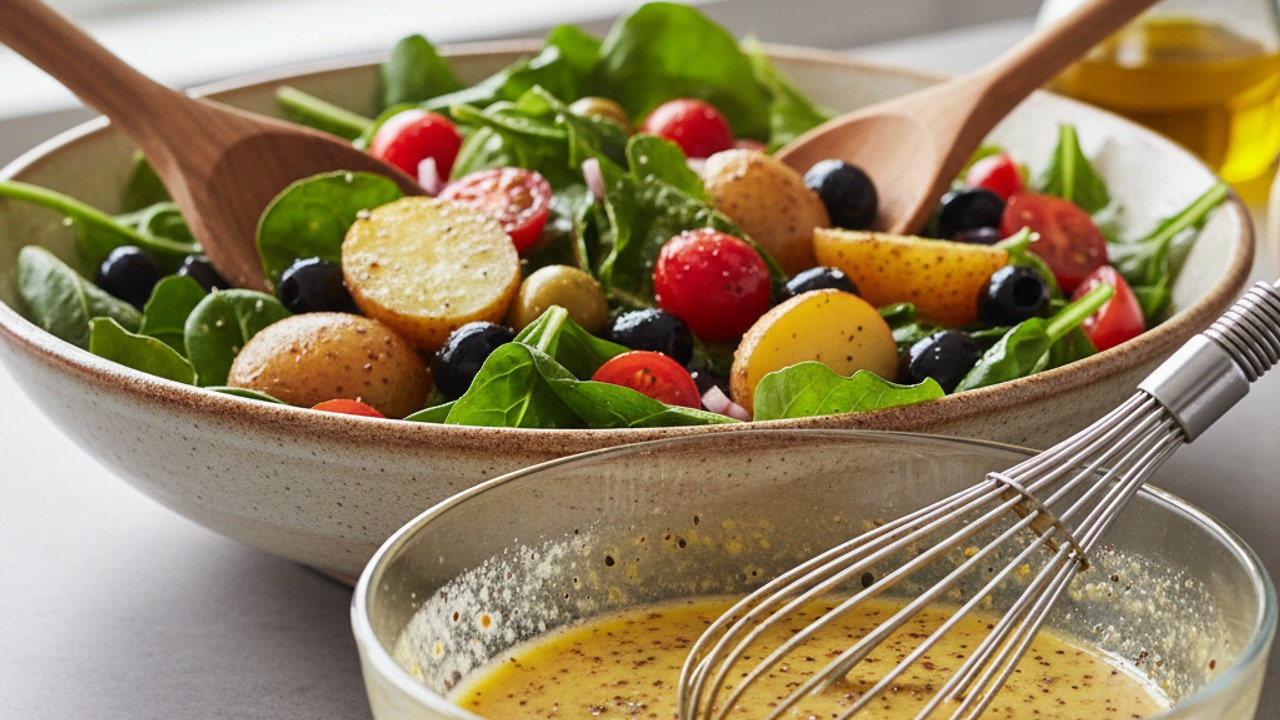 Make the Dijon vinaigrette and prep salad base