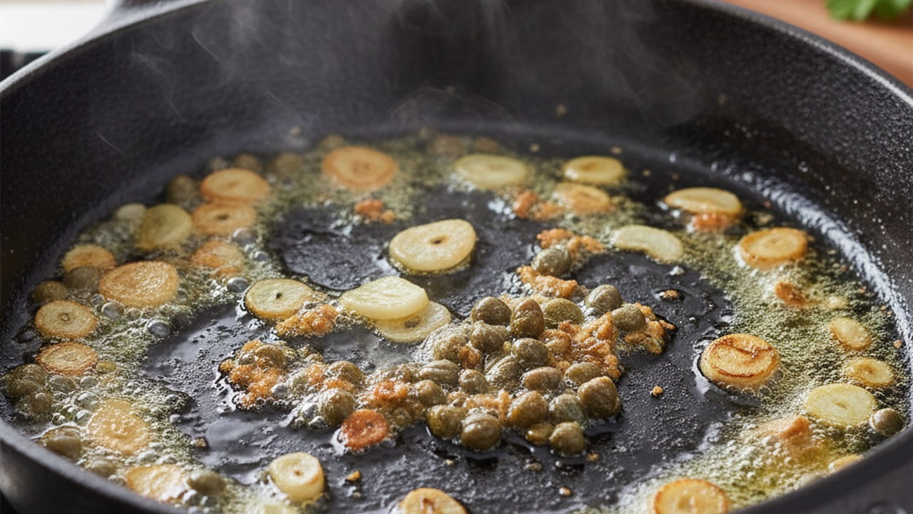 Crisp garlic and capers in butter and oil