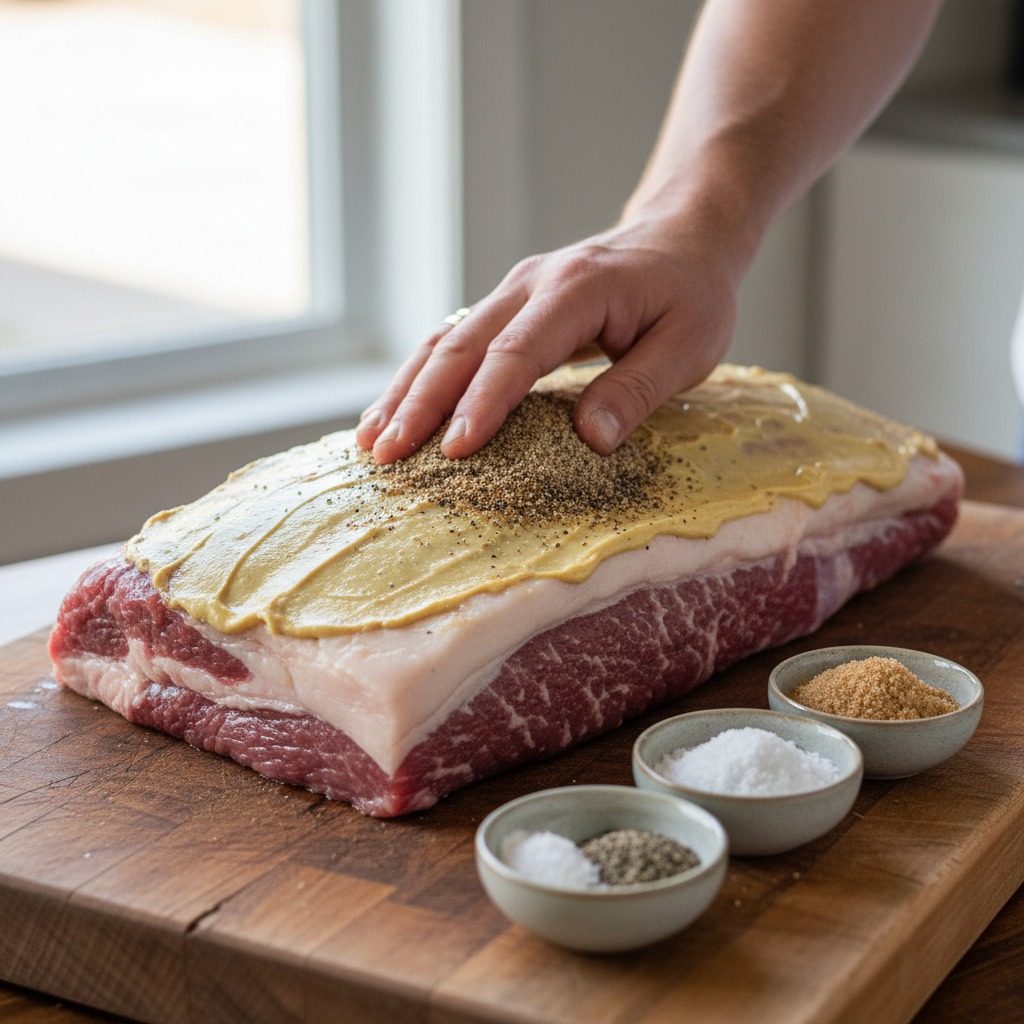 Trim and season the brisket point