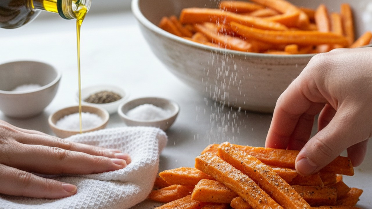Dry and coat with cornstarch, oil and seasonings