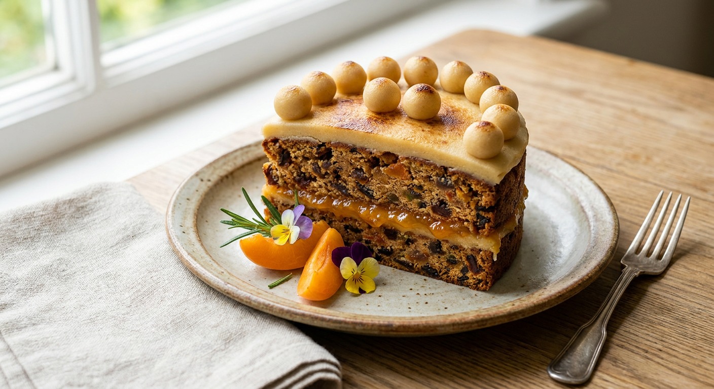 Traditional Simnel Cake with Apricot Jam and Marzipan Topping