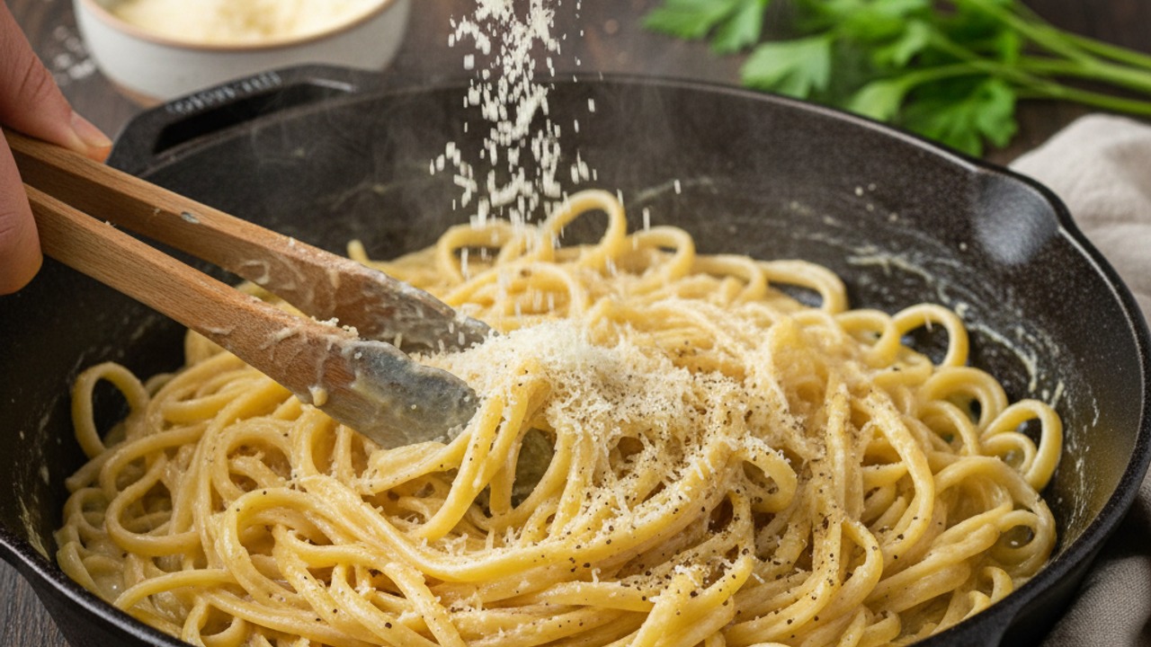 Toss pasta with Parmesan and season