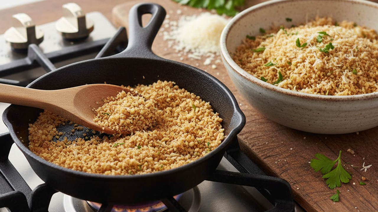 Toast panko and mix topping