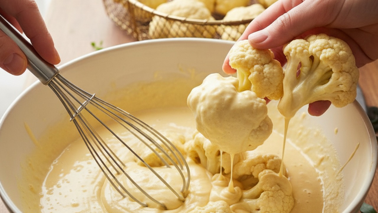Whisk batter and coat cauliflower