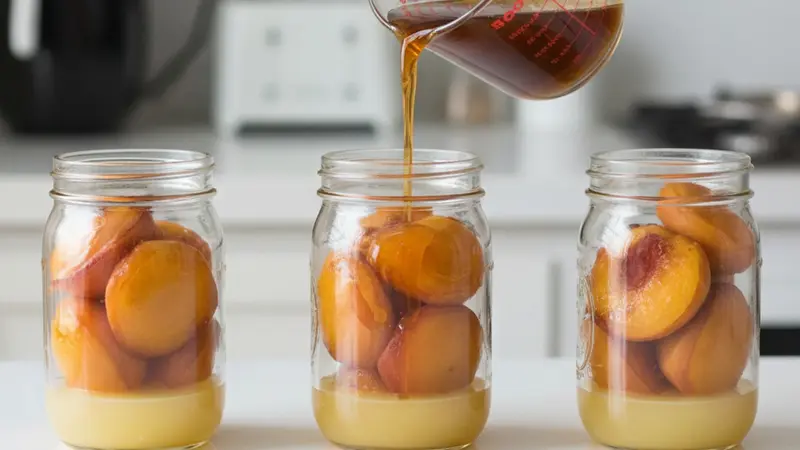 Pack jars with lemon juice and peaches