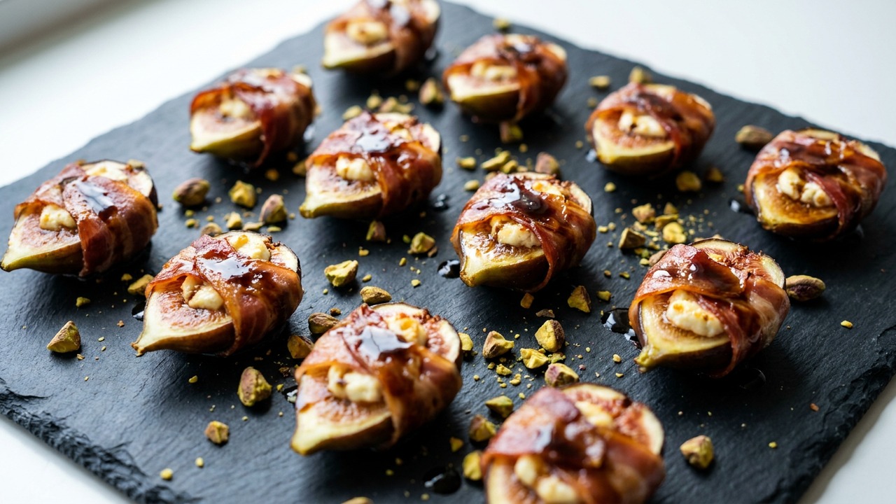 Grilled Prosciutto-Wrapped Figs with Honey-Goat Cheese, Balsamic Glaze & Toasted Pistachios