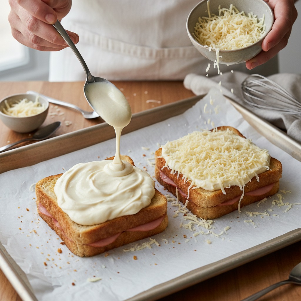 Assemble with béchamel and cheese
